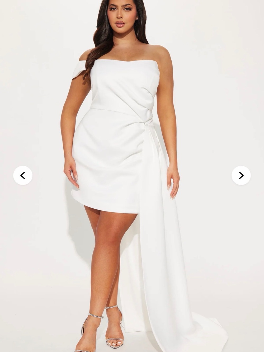 Fashion Nova Off-Shoulder White Satin Removable Train Mini Dress